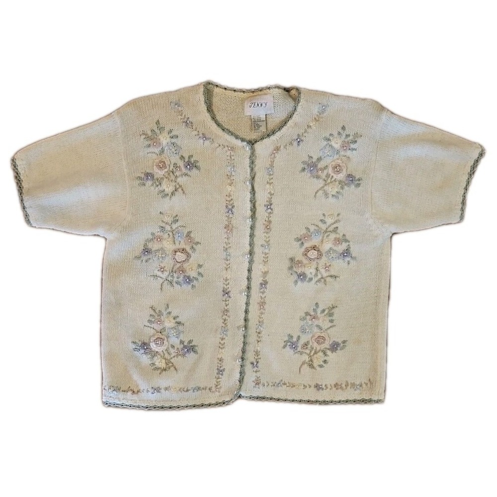 Jenny Cardigan VTG Sweater Ivory Embroidered Pearl Large COTTAGE CORE GRANDMA